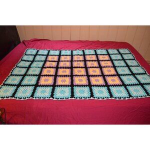 Crocheted Afghan Throw Blanket Granny Squares Purple Blue Boho Vtg 41 x 63"